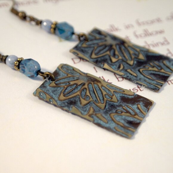 Brass Hand Embossed Earrings Blue Czech Glass Earrings Patina Brass Earrings - Picture 5 of 9